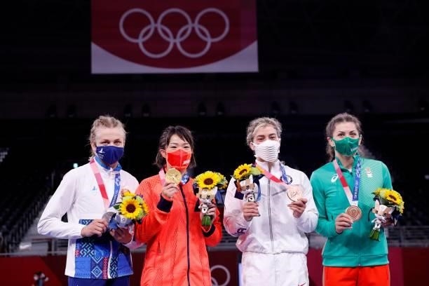 Silver medalist Belarus' Iryna Kurachkina, gold medalist Japan's Risako Kawai, bronze medalist USA's Helen Louise Maroulis and bronze medalist...