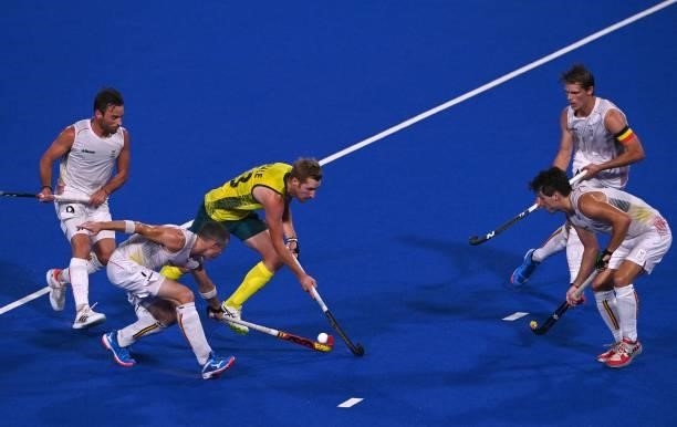 Australia's Daniel James Beale is tackled by Belgium's John-John Dominique Dohmen during the men's gold medal match of the Tokyo 2020 Olympic Games...