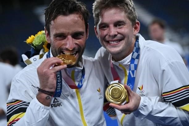 Belgium's gold medallists Sebastien Dockier and Victor Nicky Wegnez pose after the medal ceremony of the Tokyo 2020 Olympic Games men's field hockey...
