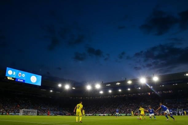 General view of match action at King Power Stadium, home stadium of Leicester City during dusk during the Pre Season Friendly fixture between...