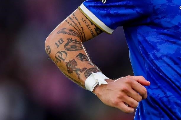 Tattoos on the arm of James Maddison of Leicester City showing the Avengers logo during the Pre Season Friendly fixture between Leicester City and...