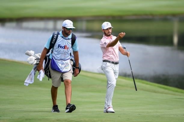 Abraham Ancer of Mexico gestures at the 18th hole during the first round of the World Golf Championships-FedEx St. Jude Invitational at TPC Southwind...