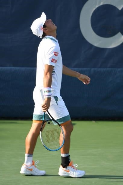 Kei Nishikori of Japan reacts to a shot during a match against Cameron Norrie of Great Britain on Day 6 during the Citi Open at Rock Creek Tennis...