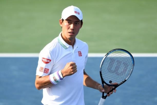 Kei Nishikori of Japan celebrates a shot during a match against Cameron Norrie of Great Britain on Day 6 during the Citi Open at Rock Creek Tennis...