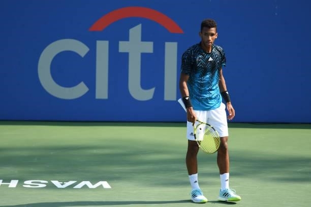 Felix Auger-Aliasime of Canada looks on during a match against Jenson Brooksby of the United States on Day 6 during the Citi Open at Rock Creek...