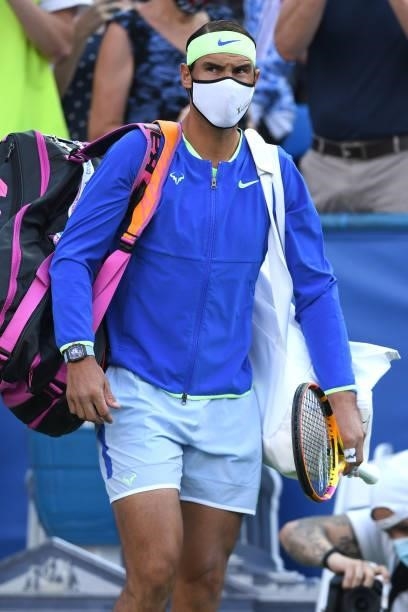 Rafael Nadal of Spain walks out on court before a match against Lloyd Harris of South Africa on Day 6 during the Citi Open at Rock Creek Tennis...