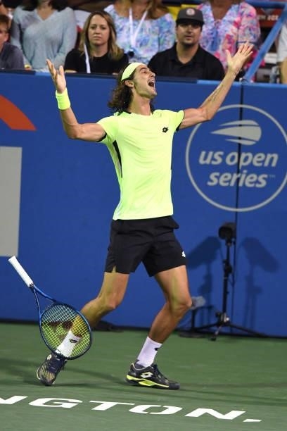 Lloyd Harris of South Africa celebrates a win after a match against Rafael Nadal of Spain on Day 6 during the Citi Open at Rock Creek Tennis Center...