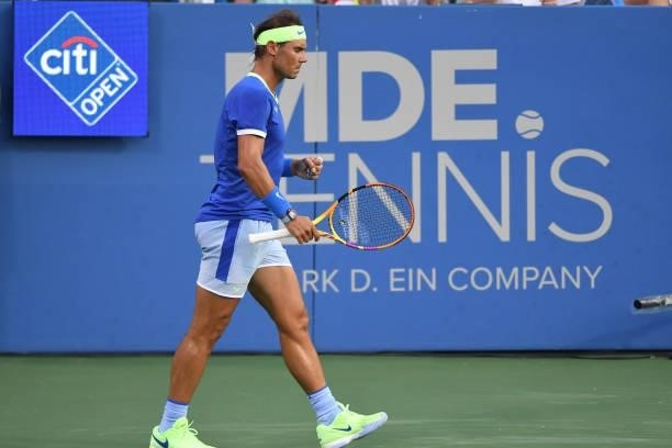 Rafael Nadal of Spain looks on during a match against Lloyd Harris of South Africa on Day 6 during the Citi Open at Rock Creek Tennis Center on...