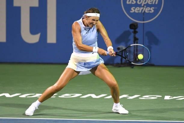 Victoria Azarenka of Belarus returns a shot during a match against Cori Gruff of the United States on Day 6 during the Womens Invitation of the Citi...