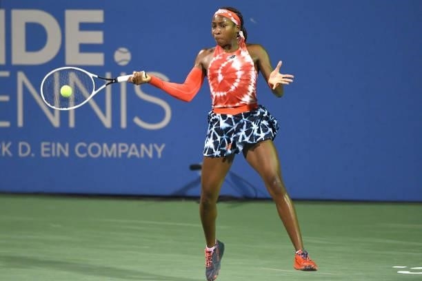 Cori Gauff of the United States returns a shot during a match against Victoria Azarenka of Belarus on Day 6 during the Womens Invitation of the Citi...