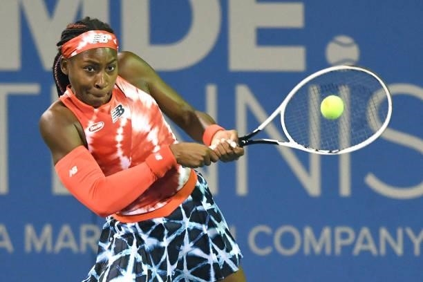 Cori Gauff of the United States returns a shot during a match against Victoria Azarenka of Belarus on Day 6 during the Womens Invitation of the Citi...