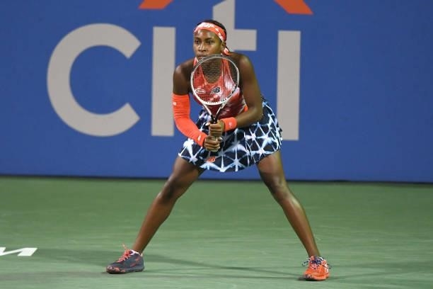 Cori Gauff of the United States in position during a match against Victoria Azarenka of Belarus on Day 6 during the Womens Invitation of the Citi...