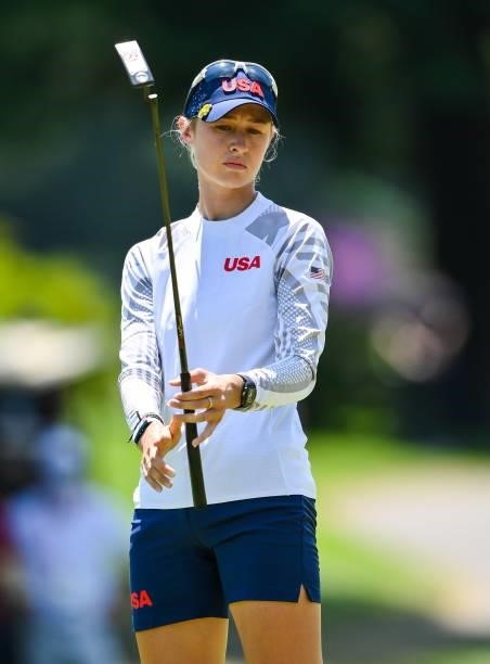 Saitama , Japan - 6 August 2021; Nelly Korda of USA reacts to a missed putt on the 11th green during round three of the women's individual stroke...