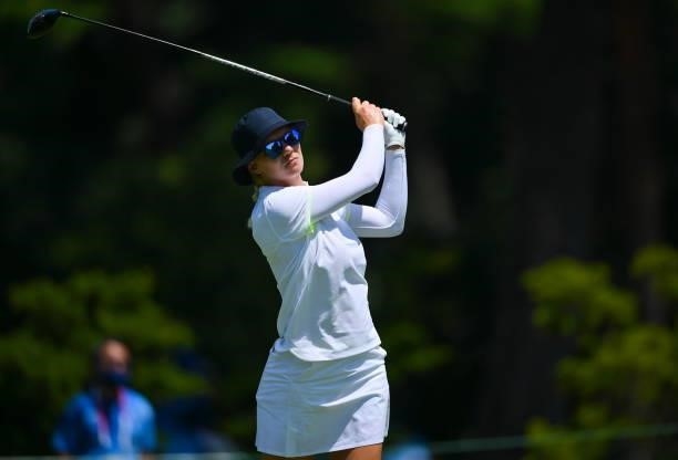 Saitama , Japan - 6 August 2021; Madelene Sagstrom of Sweden watches her drive on the 12th tee box during round three of the women's individual...