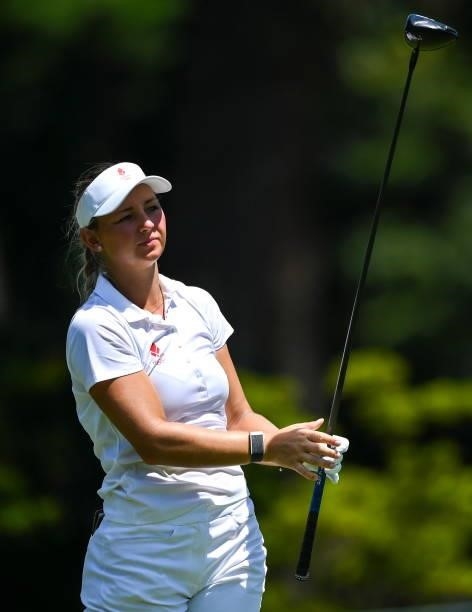 Saitama , Japan - 6 August 2021; Emily Kristine Pedersen of Denmark watches her drive at the 12th tee box during round three of the women's...