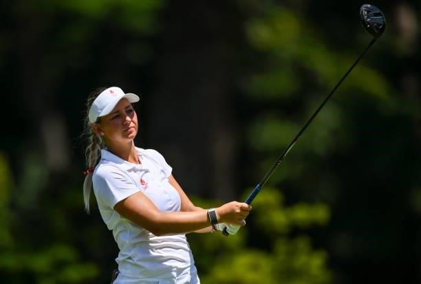 Saitama , Japan - 6 August 2021; Emily Kristine Pedersen of Denmark watches her drive at the 12th tee box during round three of the women's...
