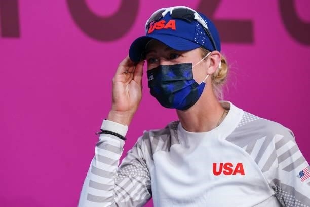 S Nelly Korda speaks during a press conference after round 3 of the womens golf individual stroke play during the Tokyo 2020 Olympic Games at the...