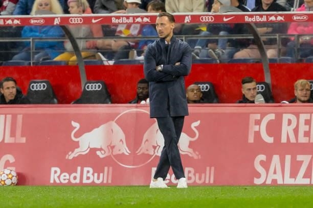 Head coach Matthias Jaissle of Red Bull Salzburg looks on during the Pre-Season Friendly Match between FC Red Bull Salzburg and FC Barcelona at Red...