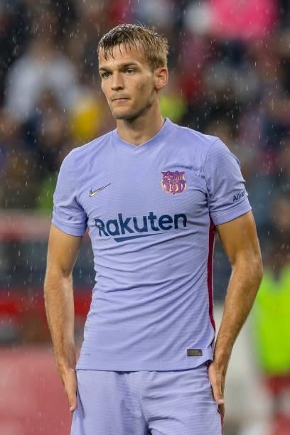 Arnau Comas of FC Barcelona looks on during the Pre-Season Friendly Match between FC Red Bull Salzburg and FC Barcelona at Red Bull Arena on August...