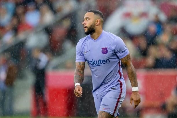 Memphis Depay of FC Barcelona looks on during the Pre-Season Friendly Match between FC Red Bull Salzburg and FC Barcelona at Red Bull Arena on August...