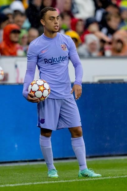 Sergino Dest of FC Barcelona looks on during the Pre-Season Friendly Match between FC Red Bull Salzburg and FC Barcelona at Red Bull Arena on August...