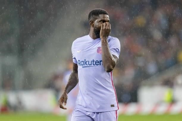 Samuel Umtiti of FC Barcelona looks on during the Pre-Season Friendly Match between FC Red Bull Salzburg and FC Barcelona at Red Bull Arena on August...