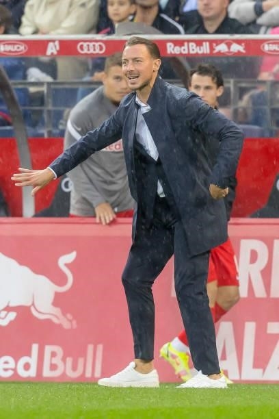 Head coach Matthias Jaissle of Red Bull Salzburg gestures during the Pre-Season Friendly Match between FC Red Bull Salzburg and FC Barcelona at Red...