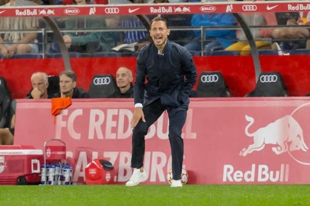 Head coach Matthias Jaissle of Red Bull Salzburg gestures during the Pre-Season Friendly Match between FC Red Bull Salzburg and FC Barcelona at Red...