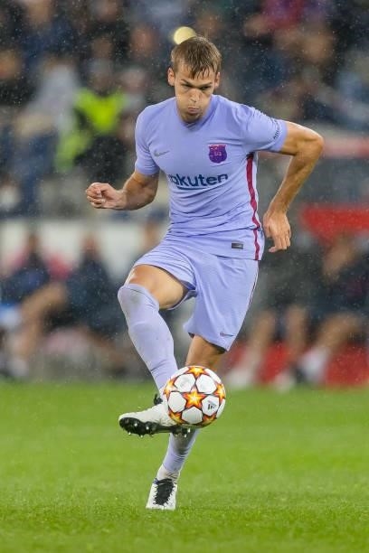 Arnau Comas of FC Barcelona controls the ball during the Pre-Season Friendly Match between FC Red Bull Salzburg and FC Barcelona at Red Bull Arena on...