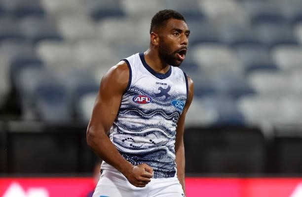 Esava Ratugolea of the Cats celebrates a goal during the 2021 AFL Round 21 match between the Geelong Cats and the GWS Giants at GMHBA Stadium on...