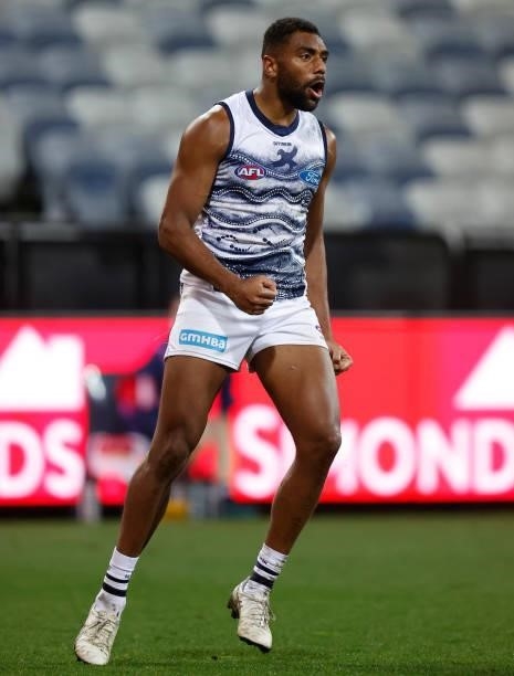 Esava Ratugolea of the Cats celebrates a goal during the 2021 AFL Round 21 match between the Geelong Cats and the GWS Giants at GMHBA Stadium on...