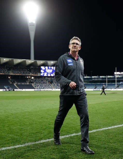 Leon Cameron, Senior Coach of the Giants looks on after the 2021 AFL Round 21 match between the Geelong Cats and the GWS Giants at GMHBA Stadium on...