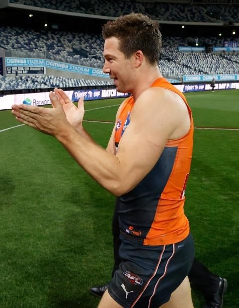 Toby Greene of the Giants celebrates during the 2021 AFL Round 21 match between the Geelong Cats and the GWS Giants at GMHBA Stadium on August 6,...