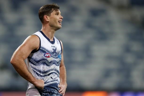 Tom Hawkins of the Cats looks dejected during the 2021 AFL Round 21 match between the Geelong Cats and the GWS Giants at GMHBA Stadium on August 6,...