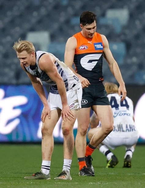 Zach Guthrie of the Cats looks dejected after a loss during the 2021 AFL Round 21 match between the Geelong Cats and the GWS Giants at GMHBA Stadium...