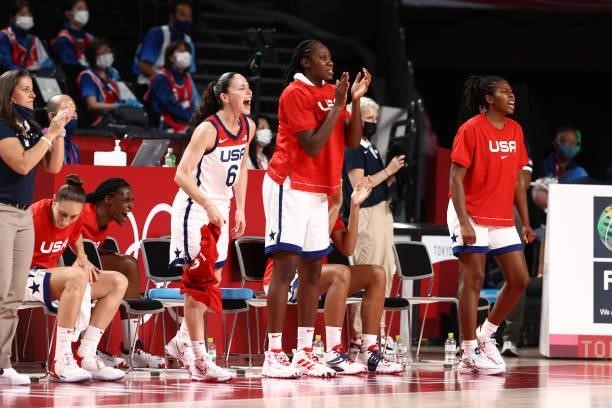 Sue Bird, Tina Charles and Ariel Atkins of the USA Basketball Womens National Team celebrate during the game against the Serbia Women's National Team...