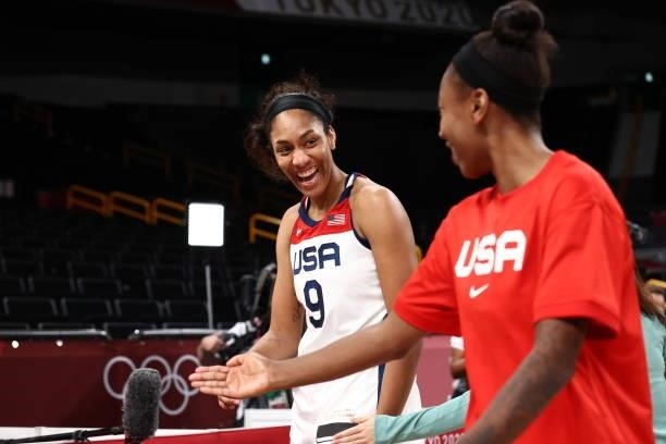 Ja Wilson of the USA Basketball Womens National Team smiles after the game against the Serbia Women's National Team during the semifinals of the 2020...