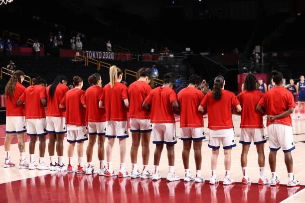 The USA Basketball Womens National Team stands for the national anthem before the game against the Serbia Women's National Team during semifinals of...