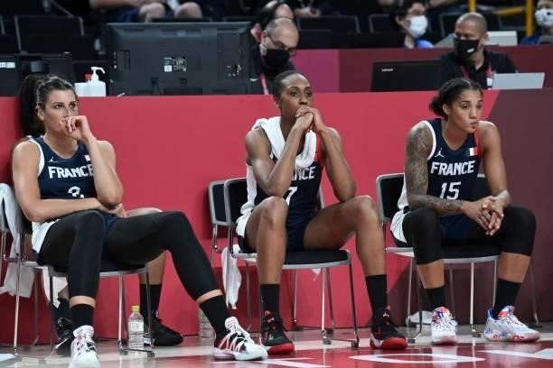 France's Helena Ciak, Sandrine Gruda and Gabrielle Williams in the women's semi-final basketball match between Japan and France during the Tokyo 2020...