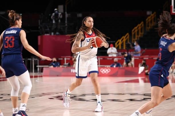 Brittney Griner of the USA Women's National Team handles the ball during the game against the Serbia Women's National Team during semifinals of the...
