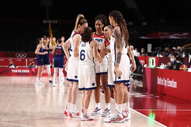 Diana Taurasi of the USA Women's National Team talks to teammates before the game against the Serbia Women's National Team during semifinals of the...