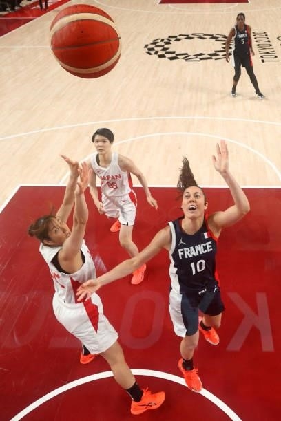 France's Sarah Michel shoots the ball in the women's semi-final basketball match between Japan and France during the Tokyo 2020 Olympic Games at the...