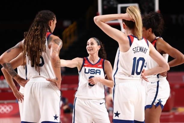 Sue Bird of the USA Women's National Team talks to teammates during the game against the Serbia Women's National Team during semifinals of the 2020...