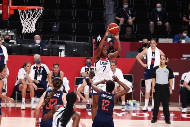 Ariel Atkins of the USA Women's National Team looks to pass the ball during the game against the Serbia Women's National Team during semifinals of...