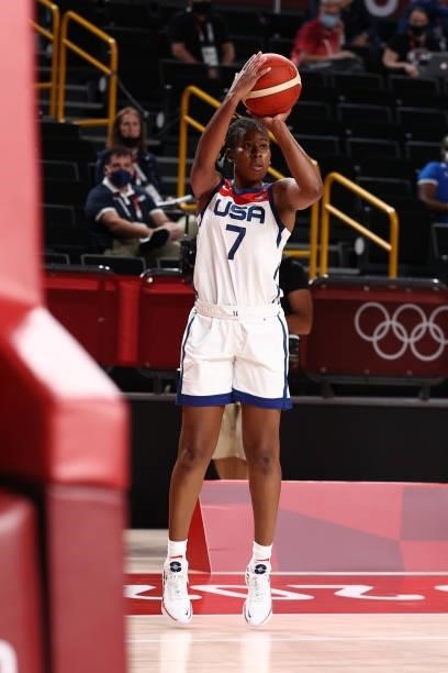 Ariel Atkins of the USA Women's National Team shoots the ball during the game against the Serbia Women's National Team during semifinals of the 2020...
