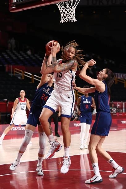 Brittney Griner of the USA Women's National Team rebounds the ball during the game against the Serbia Women's National Team during semifinals of the...