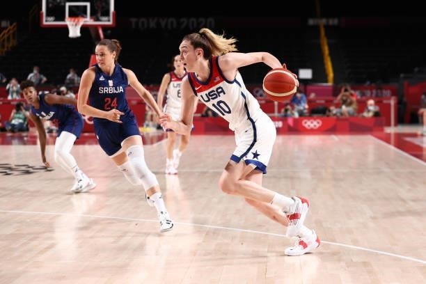 Breanna Stewart of the USA Women's National Team drives to the basket during the game against the Serbia Women's National Team during semifinals of...