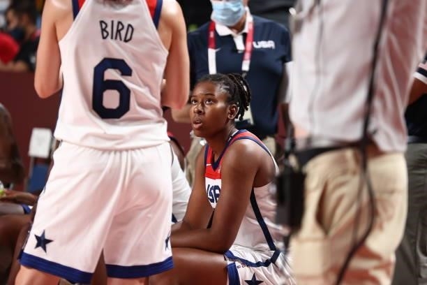 Ariel Atkins of the USA Women's National Team looks on during the game against the Serbia Women's National Team during semifinals of the 2020 Tokyo...