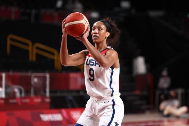 Ja Wilson of the USA Women's National Team shoots the ball during the game against the Serbia Women's National Team during semifinals of the 2020...