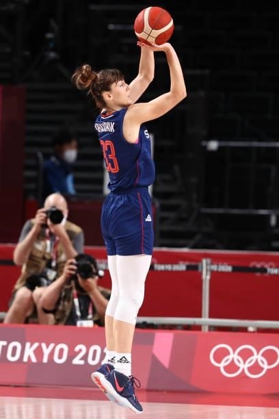 Tina Krajisnik of the Serbia Women's National Team shoots the ball during the game against the USA Basketball Womens National Team during semifinals...